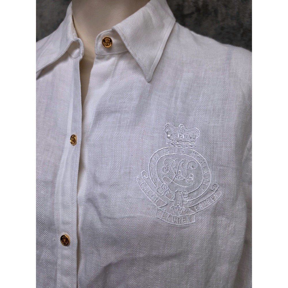 Lauren Ralph Lauren Women's White 100% Linen Embroidered Crest Button Down Shirt